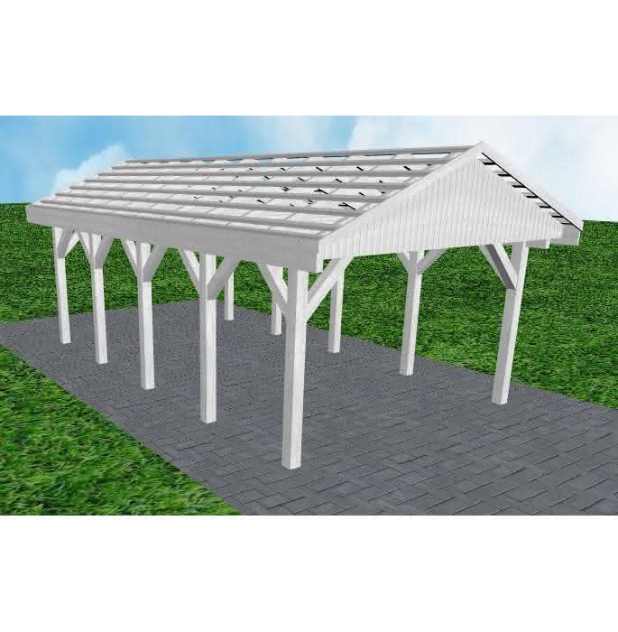 Joda® Satteldach-Carport Wismar MO, 405x723 cm, ohne Dachpfannen und Dachrinnen, Fichte Leimholz weiß grundiert Mittel (723 cm) | ohne Pfannen u. Entwässerung | Fichte Leimholz weiß