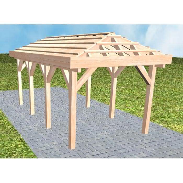 Walmdach-Carport Kappeln KO Natur, 305x573 cm, ohne Dachpfannen und Dachrinnen, Lärche naturbelassen Kurz (573 cm) | ohne Pfannen u. Entwässerung | Lärche natur