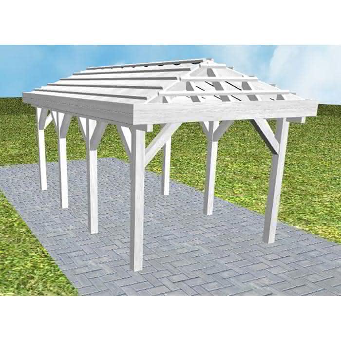 Walmdach-Carport Kappeln KO Select, 305x573 cm, ohne Dachpfannen und Dachrinnen, Fichte Leimholz weiß grundiert Kurz (573 cm) | ohne Pfannen u. Entwässerung | Fichte Leimholz weiß