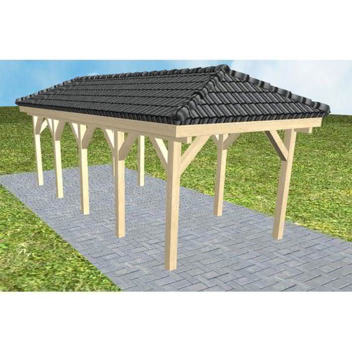 Walmdach-Carport Kappeln MD Master, 305x723 cm, inkl. Dachpfannen und Dachrinnen, Fichte KVH naturbelassen Mittel (723 cm) | komplett | Fichte KVH natur
