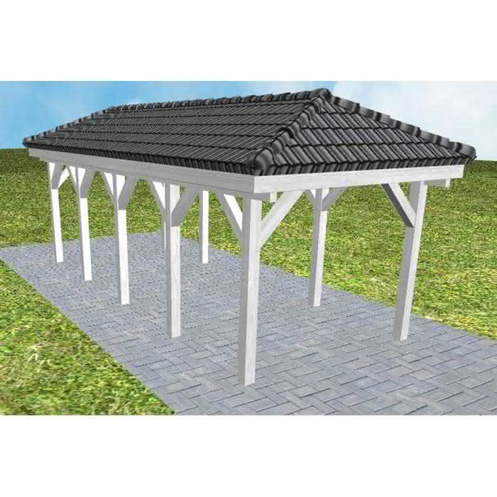 Walmdach-Carport Kappeln MD Select, 305x723 cm, inkl. Dachpfannen und Dachrinnen, Fichte Leimholz weiß grundiert Mittel (723 cm) | komplett | Fichte Leimholz weiß