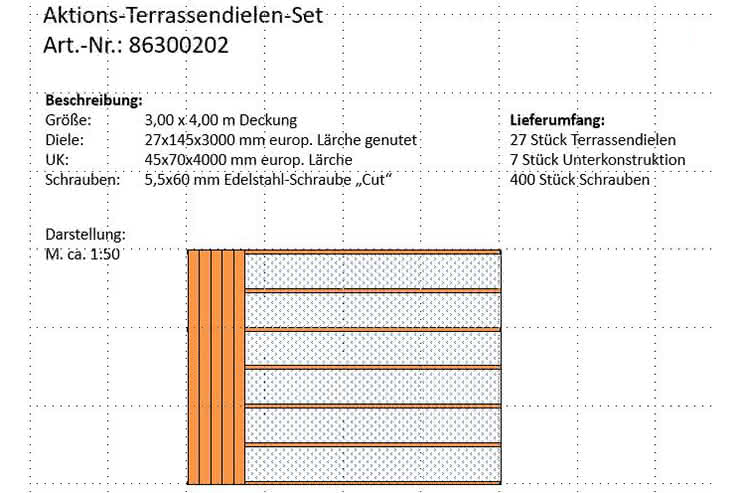 Günstig: Terrassendielen-Set 3,00x4,00 m aus 27x145 mm europ. Lärche genutet 