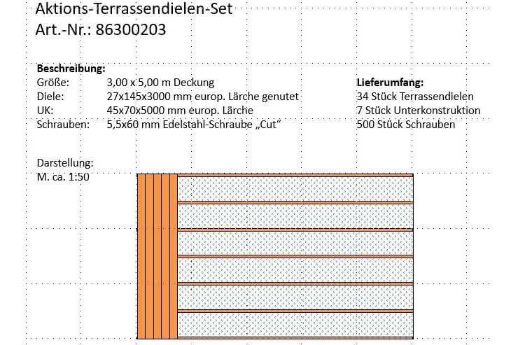 Günstig: Terrassendielen-Set 3,00x5,00 m aus 27x145 mm europ. Lärche genutet 