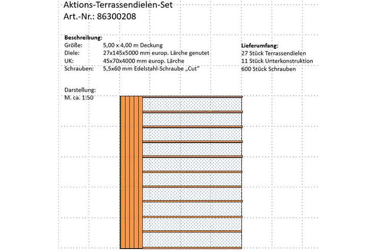 Günstig: Terrassendielen-Set 5,00x4,00 m aus 27x145 mm europ. Lärche genutet 