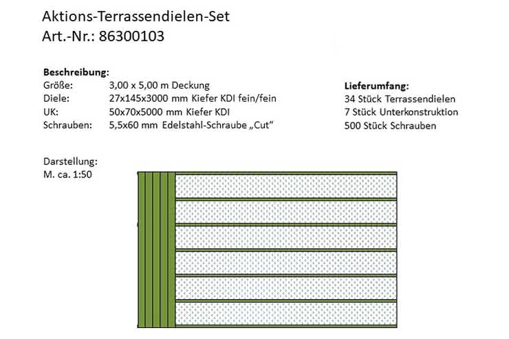 Günstig: Terrassendielen-Set 3,00x5,00 m aus 27x145 mm Kiefer KDI fein geriffelt 