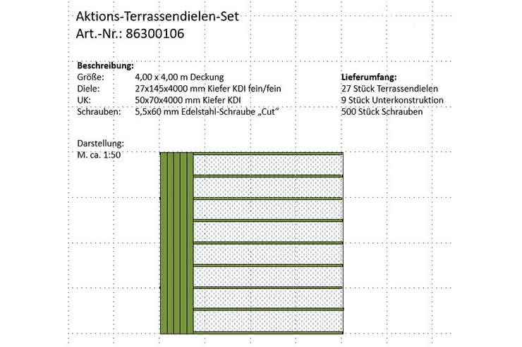 Günstig: Terrassendielen-Set 4,00x4,00 m aus 27x145 mm Kiefer KDI fein geriffelt 