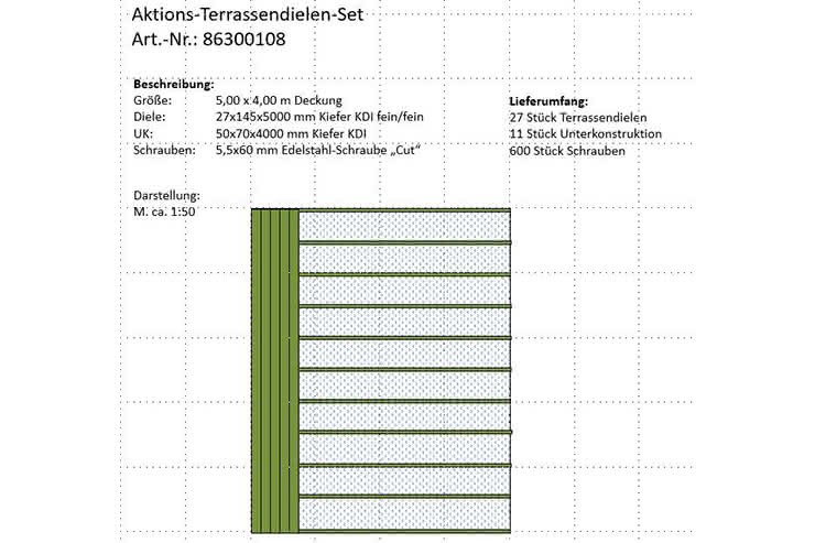 Günstig: Terrassendielen-Set 5,00x4,00 m aus 27x145 mm Kiefer KDI fein geriffelt 
