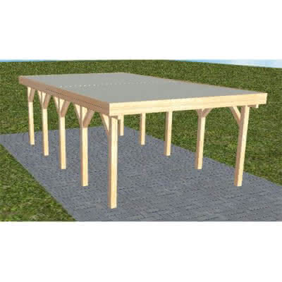 Flachdach-Carport Borkum MT Perfect, 395x717 cm, mit tropfhemmenden Stahl-Trapezplatten, Fichte Leimholz naturbelassen Mittel (717 cm) | Trapez-Profil, tropfhemmend | Fichte Leimholz natur