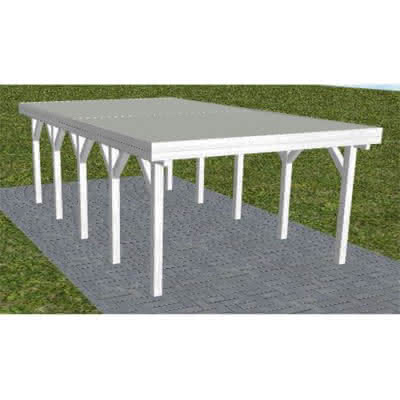 Flachdach-Carport Borkum MT Select, 395x717 cm, mit tropfhemmenden Stahl-Trapezplatten, Fichte Leimholz weiß grundiert Mittel (717 cm) | Trapez-Profil, tropfhemmend | Fichte Leimholz weiß