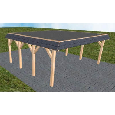 Walmblenden-Doppelcarport Grömitz KF Perfect, 605x556 cm, mit Foliendach, Fichte Leimholz naturbelassen Kurz (556 cm) | Foliendach | Fichte Leimholz natur