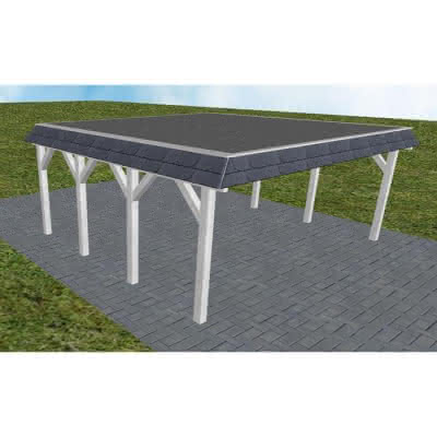 Walmblenden-Doppelcarport Grömitz KF Select, 605x556 cm, mit Foliendach, Fichte Leimholz weiß grundiert Kurz (556 cm) | Foliendach | Fichte Leimholz weiß