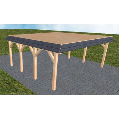 Walmblenden-Doppelcarport Grömitz KG Perfect, 605x556 cm, vorbereitet für Grünbedachung, Fichte Leimholz naturbelassen Kurz (556 cm) | vorbereitet für Gründach | Fichte Leimholz natur