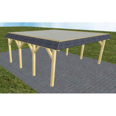 Walmblenden-Doppelcarport Grömitz KT Classic, 610x556 cm, mit tropfhemmenden Stahl-Trapezplatten, Kiefer KDI-grün Kurz (556 cm) | Trapez-Profil, tropfhemmend | Kiefer KDI