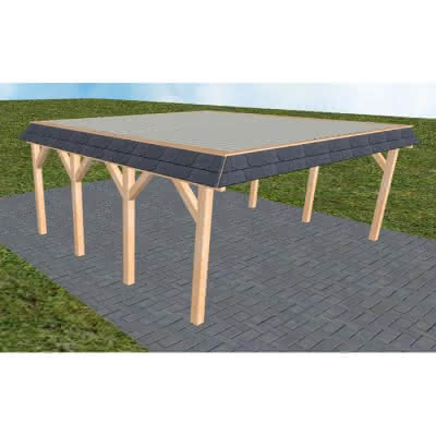 Walmblenden-Doppelcarport Grömitz KT Perfect, 610x556 cm, mit tropfhemmenden Stahl-Trapezplatten, Fichte Leimholz naturbelassen Kurz (556 cm) | Trapez-Profil, tropfhemmend | Fichte Leimholz natur