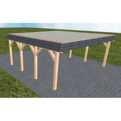 Walmblenden-Doppelcarport Grömitz KT Perfect, 610x556 cm, mit tropfhemmenden Stahl-Trapezplatten, Fichte Leimholz naturbelassen Kurz (556 cm) | Trapez-Profil, tropfhemmend | Fichte Leimholz natur