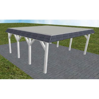 Walmblenden-Doppelcarport Grömitz KT Select, 610x556 cm, mit tropfhemmenden Stahl-Trapezplatten, Fichte Leimholz weiß grundiert Kurz (556 cm) | Trapez-Profil, tropfhemmend | Fichte Leimholz weiß