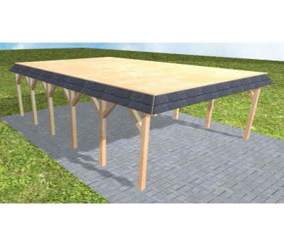 Walmblenden-Doppelcarport Grömitz LG Perfect, 605x879 cm, vorbereitet für Grünbedachung, Fichte Leimholz naturbelassen Lang (879 cm) | vorbereitet für Gründach | Fichte Leimholz natur