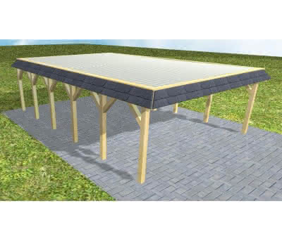 Walmblenden-Doppelcarport Grömitz LT Classic, 610x879 cm, mit tropfhemmenden Stahl-Trapezplatten, Kiefer KDI-grün Lang (879 cm) | Trapez-Profil, tropfhemmend | Kiefer KDI