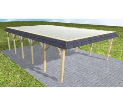 Walmblenden-Doppelcarport Grömitz LT Master, 610x879 cm, mit tropfhemmenden Stahl-Trapezplatten, Fichte KVH naturbelassen Lang (879 cm) | Trapez-Profil, tropfhemmend | Fichte KVH natur