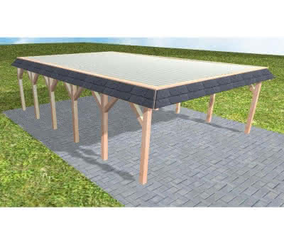 Walmblenden-Doppelcarport Grömitz LT Natur, 610x879 cm, mit tropfhemmenden Stahl-Trapezplatten, Lärche naturbelassen Lang (879 cm) | Trapez-Profil, tropfhemmend | Lärche natur