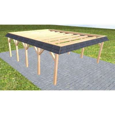 Walmblenden-Doppelcarport Grömitz MO Perfect, 605x717 cm, ohne Bedachung, Fichte Leimholz naturbelassen Mittel (717 cm) | ohne Bedachung | Fichte Leimholz natur