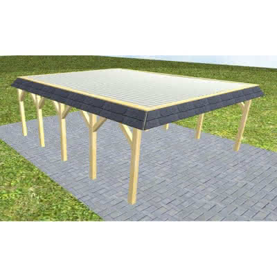 Walmblenden-Doppelcarport Grömitz MT Classic, 610x717 cm, mit tropfhemmenden Stahl-Trapezplatten, Kiefer KDI-grün Mittel (717 cm) | Trapez-Profil, tropfhemmend | Kiefer KDI