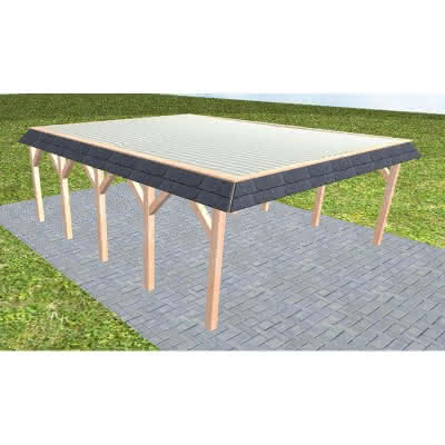 Walmblenden-Doppelcarport Grömitz MT Natur, 610x717 cm, mit tropfhemmenden Stahl-Trapezplatten, Lärche naturbelassen Mittel (717 cm) | Trapez-Profil, tropfhemmend | Lärche natur