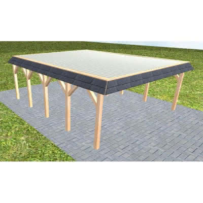 Walmblenden-Doppelcarport Grömitz MT Perfect, 610x717 cm, mit tropfhemmenden Stahl-Trapezplatten, Fichte Leimholz naturbelassen Mittel (717 cm) | Trapez-Profil, tropfhemmend | Fichte Leimholz natur