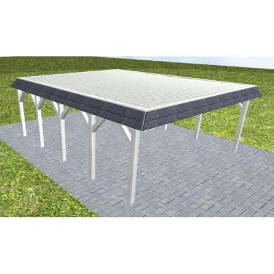 Walmblenden-Doppelcarport Grömitz MT Select, 610x717 cm, mit tropfhemmenden Stahl-Trapezplatten, Fichte Leimholz weiß grundiert Mittel (717 cm) | Trapez-Profil, tropfhemmend | Fichte Leimholz weiß