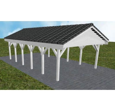 Satteldach-Carport Walsrode LD, 505x903 cm, mit Dachpfannen und Dachrinnen, Fichte Leimholz weiß grundiert Lang (903 cm) | komplett | Fichte Leimholz weiß