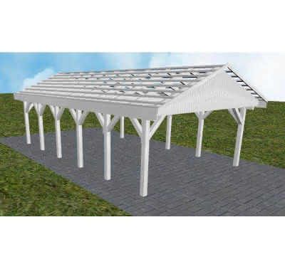 Satteldach-Carport Walsrode LO, 505x903 cm, ohne Dachpfannen und Dachrinnen, Fichte Leimholz weiß grundiert Lang (903 cm) | ohne Pfannen u. Entwässerung | Fichte Leimholz weiß