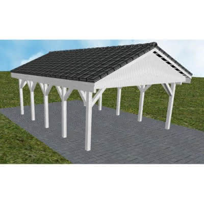 Satteldach-Carport Walsrode MD, 505x723 cm, mit Dachpfannen und Dachrinnen, Fichte Leimholz weiß grundiert Mittel (723 cm) | komplett | Fichte Leimholz weiß