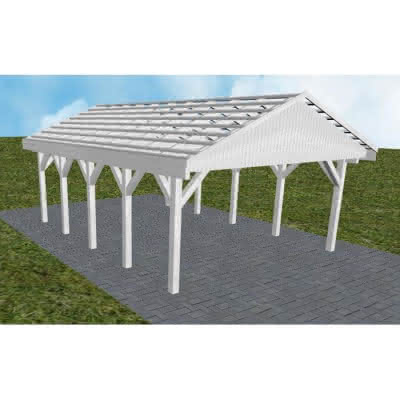 Satteldach-Carport Walsrode MO, 505x723 cm, ohne Dachpfannen und Dachrinnen, Fichte Leimholz weiß grundiert Mittel (723 cm) | ohne Pfannen u. Entwässerung | Fichte Leimholz weiß