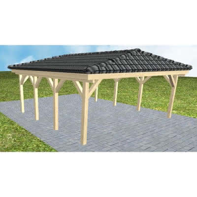 Walmdach-Doppelcarport Keitum KD Master, 605x573 cm, inkl. Dachpfannen und Dachrinnen, Fichte KVH naturbelassen Kurz (573 cm) | komplett | Fichte KVH natur