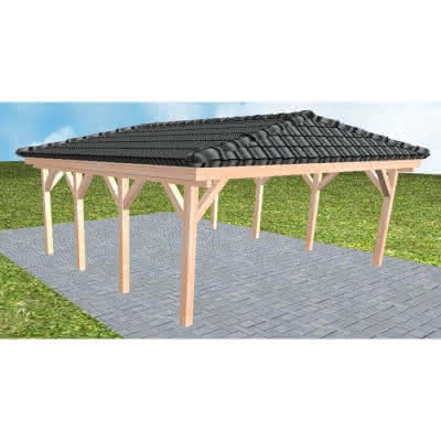 Walmdach-Doppelcarport Keitum KD Natur, 605x573 cm, inkl. Dachpfannen und Dachrinnen, Lärche naturbelassen Kurz (573 cm) | komplett | Lärche natur