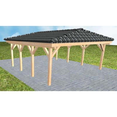 Walmdach-Doppelcarport Keitum KD Perfect, 605x573 cm, inkl. Dachpfannen und Dachrinnen, Fichte Leimholz naturbelassen Kurz (573 cm) | komplett | Fichte Leimholz natur