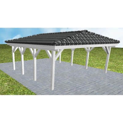 Walmdach-Doppelcarport Keitum KD Select, 605x573 cm, inkl. Dachpfannen und Dachrinnen, Fichte Leimholz weiß grundiert Kurz (573 cm) | komplett | Fichte Leimholz weiß