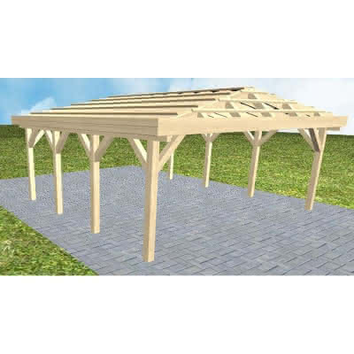 Walmdach-Doppelcarport Keitum KO Master, 605x573 cm, ohne Dachpfannen und Dachrinnen, Fichte KVH naturbelassen Kurz (573 cm) | ohne Pfannen u. Entwässerung | Fichte KVH natur