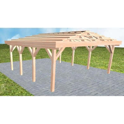 Walmdach-Doppelcarport Keitum KO Natur, 605x573 cm, ohne Dachpfannen und Dachrinnen, Lärche naturbelassen Kurz (573 cm) | ohne Pfannen u. Entwässerung | Lärche natur