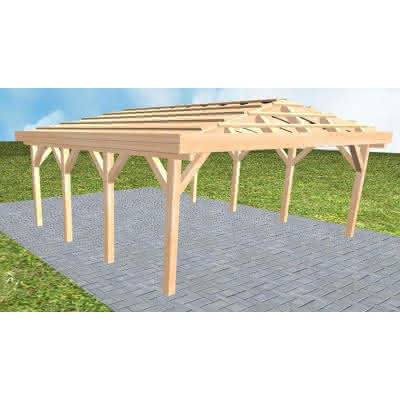 Walmdach-Doppelcarport Keitum KO Perfect, 605x573 cm, ohne Dachpfannen und Dachrinnen, Fichte Leimholz naturbelassen Kurz (573 cm) | ohne Pfannen u. Entwässerung | Fichte Leimholz natur