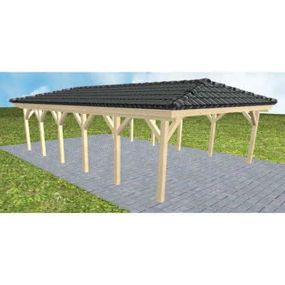 Walmdach-Doppelcarport Keitum LD Master, 605x903 cm, inkl. Dachpfannen und Dachrinnen, Fichte KVH naturbelassen Lang (903 cm) | komplett | Fichte KVH natur