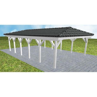 Walmdach-Doppelcarport Keitum LD Select, 605x903 cm, inkl. Dachpfannen und Dachrinnen, Fichte Leimholz weiß grundiert Lang (903 cm) | komplett | Fichte Leimholz weiß