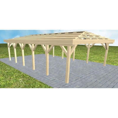 Walmdach-Doppelcarport Keitum LO Master, 605x903 cm, ohne Dachpfannen und Dachrinnen, Fichte KVH naturbelassen Lang (903 cm) | ohne Pfannen u. Entwässerung | Fichte KVH natur