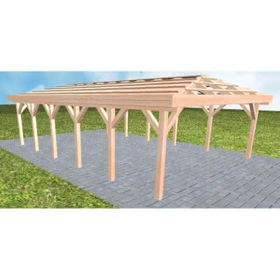 Walmdach-Doppelcarport Keitum LO Natur, 605x903 cm, ohne Dachpfannen und Dachrinnen, Lärche naturbelassen Lang (903 cm) | ohne Pfannen u. Entwässerung | Lärche natur