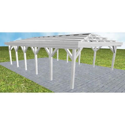 Walmdach-Doppelcarport Keitum LO Select, 605x903 cm, ohne Dachpfannen und Dachrinnen, Fichte Leimholz weiß grundiert Lang (903 cm) | ohne Pfannen u. Entwässerung | Fichte Leimholz weiß