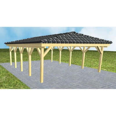 Walmdach-Doppelcarport Keitum MD Classic, 605x723 cm, inkl. Dachpfannen und Dachrinnen, Kiefer KDI-grün Mittel (723 cm) | komplett | Kiefer KDI