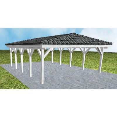 Walmdach-Doppelcarport Keitum MD Select, 605x723 cm, inkl. Dachpfannen und Dachrinnen, Fichte Leimholz weiß grundiert Mittel (723 cm) | komplett | Fichte Leimholz weiß