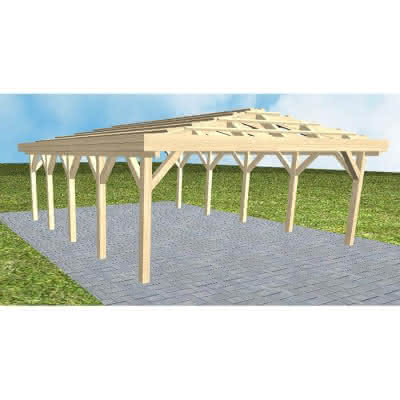 Walmdach-Doppelcarport Keitum MO Master, 605x723 cm, ohne Dachpfannen und Dachrinnen, Fichte KVH naturbelassen Mittel (723 cm) | ohne Pfannen u. Entwässerung | Fichte KVH natur