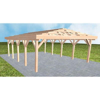 Walmdach-Doppelcarport Keitum MO Natur, 605x723 cm, ohne Dachpfannen und Dachrinnen, Lärche naturbelassen Mittel (723 cm) | ohne Pfannen u. Entwässerung | Lärche natur