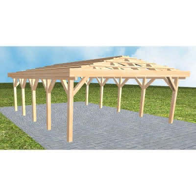 Walmdach-Doppelcarport Keitum MO Perfect, 605x723 cm, ohne Dachpfannen und Dachrinnen, Fichte Leimholz naturbelassen Mittel (723 cm) | ohne Pfannen u. Entwässerung | Fichte Leimholz natur